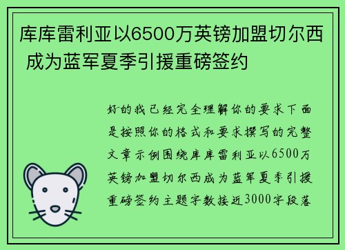 库库雷利亚以6500万英镑加盟切尔西 成为蓝军夏季引援重磅签约